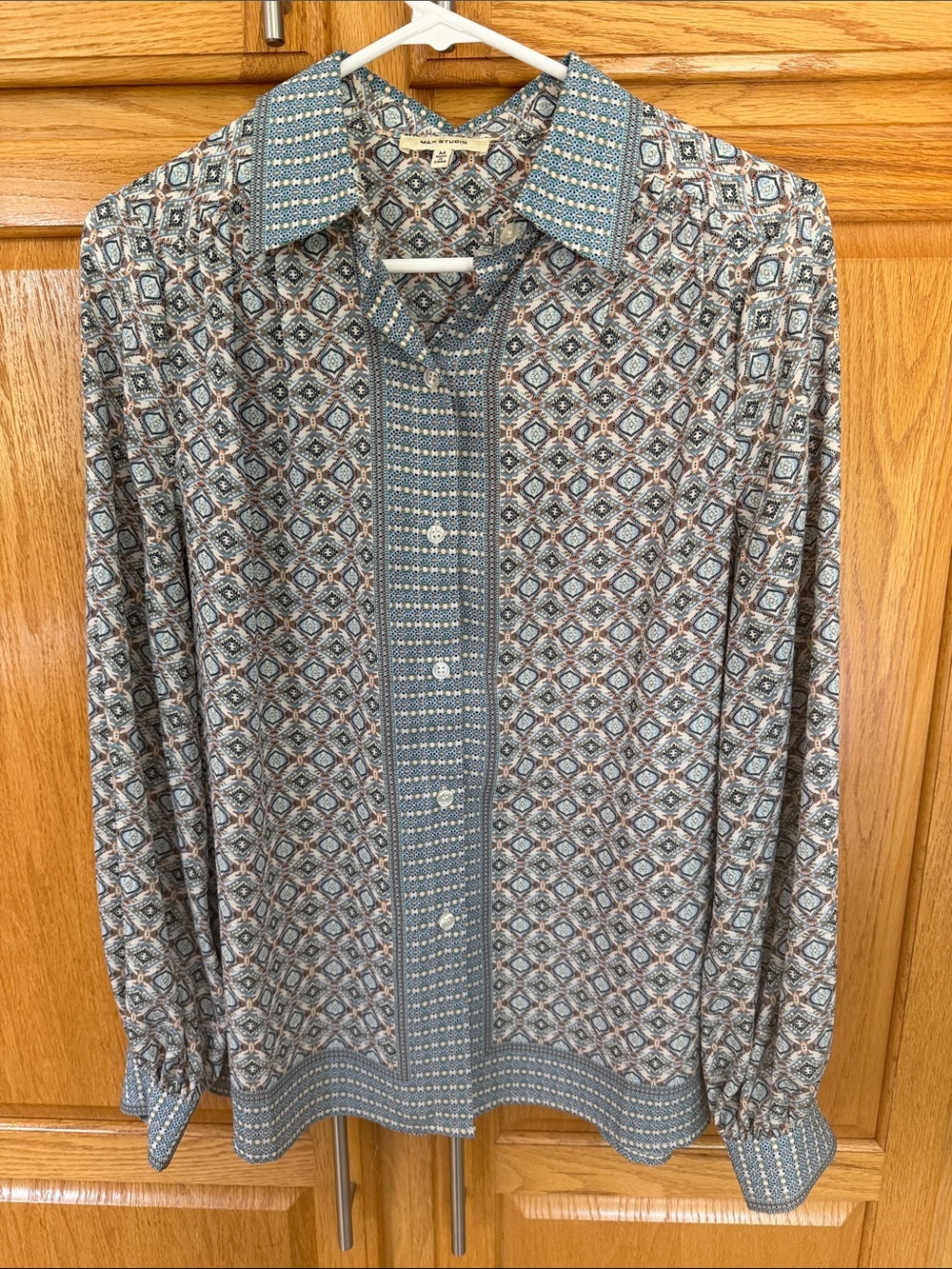 Max Studio Blue and Cream Geometric Button-Down Shirt